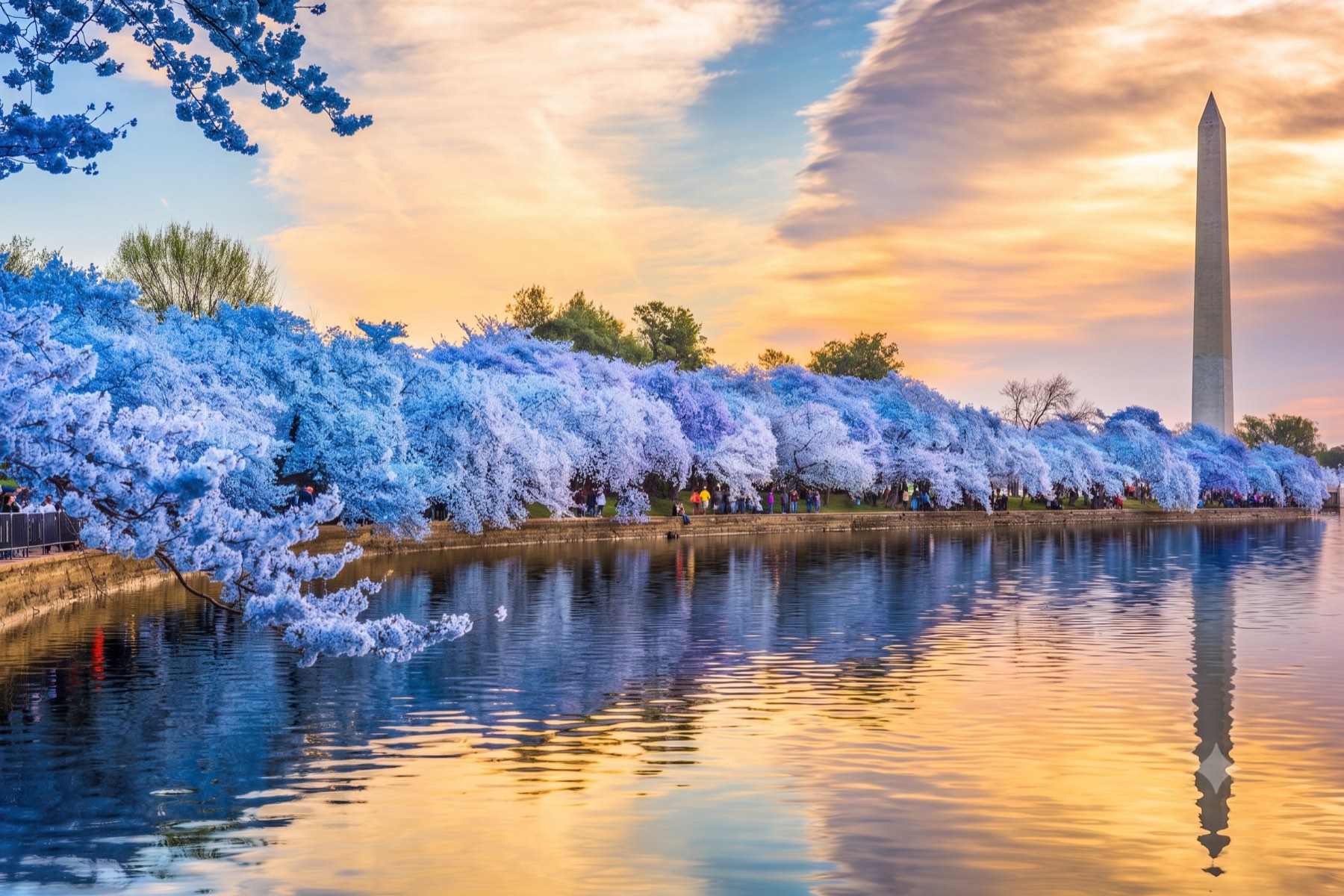Cherry blossoms around the Tidal Basin with the Washington Monument, Washington, D.C.
